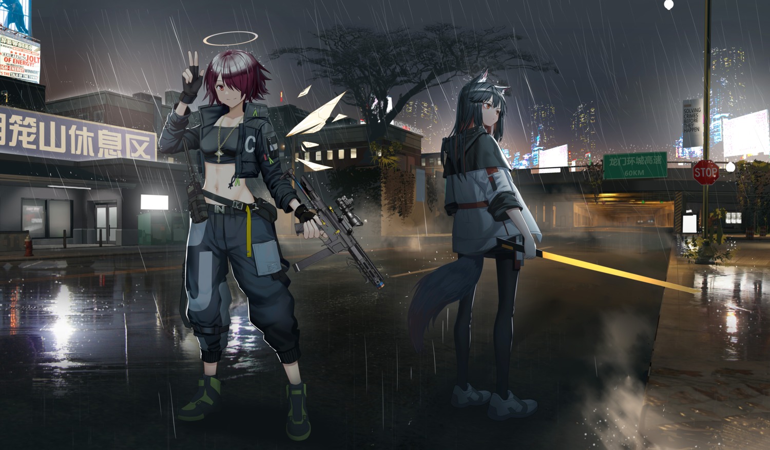 angel, animal_ears, arknights, exusiai_(arknights), gun, hamachi_hazuki, sword, tail
