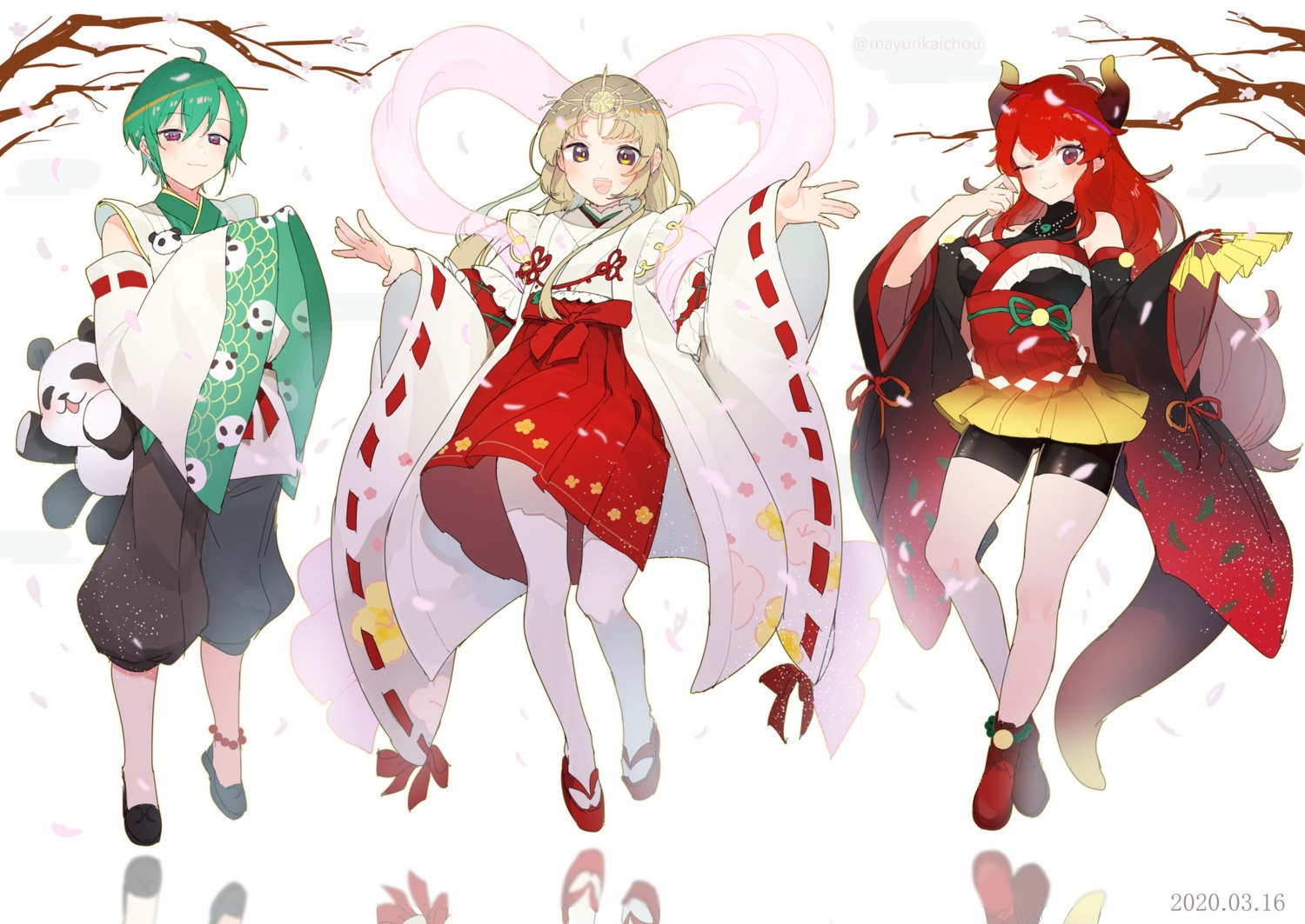 bike_shorts, dola_(nijisanji), horns, japanese_clothes, mayuri_kaichou, miko, nijisanji, nijisanji_seeds