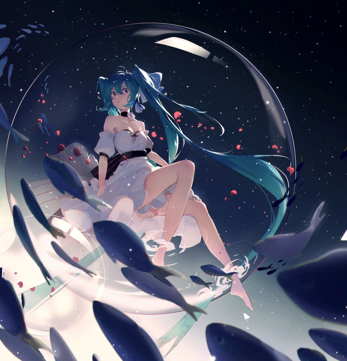 cleavage, dress, hatsune_miku, hua_ben_wuming, skirt_lift, vocaloid