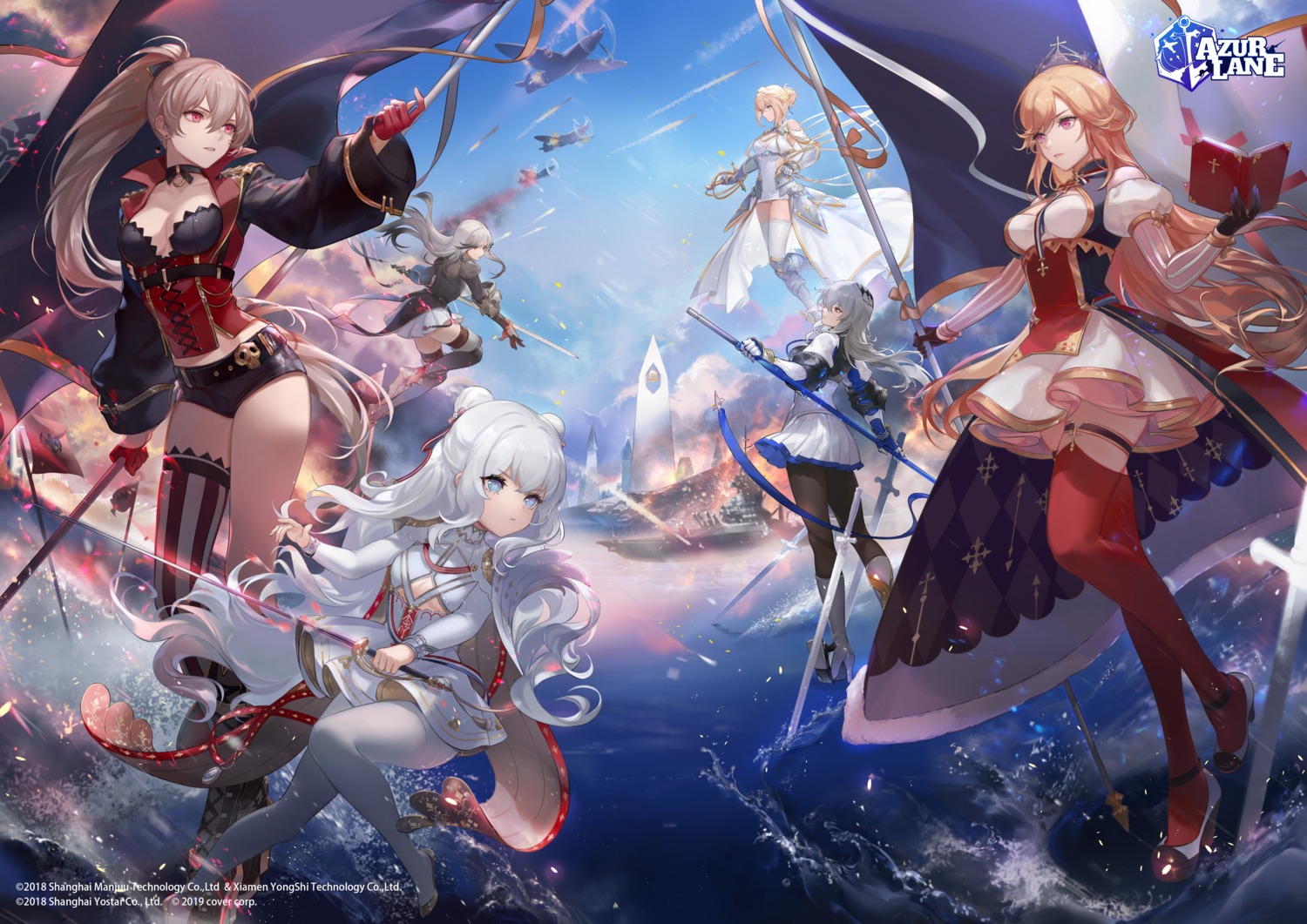 armor, azur_lane, callarinc, cleavage, dress, dunkerque_(azur_lane), garter, heels, jean_bart_(azur_lane), jeanne_d'arc_(azur_lane), le_malin_(azur_lane), no_bra, pantyhose, richelieu_(azur_lane), saint_louis_(azur_lane), stockings, sword, thighhighs, uniform