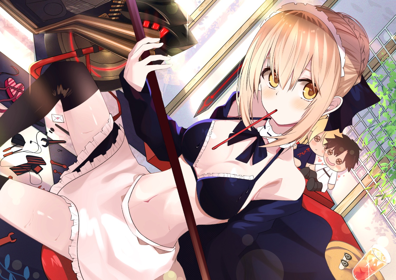artoria_pendragon_(fate), artoria_pendragon_alter_(fate), bra, chibi, cleavage, dau4a, fate/grand_order, maid, open_shirt, skirt_lift, thighhighs, wet