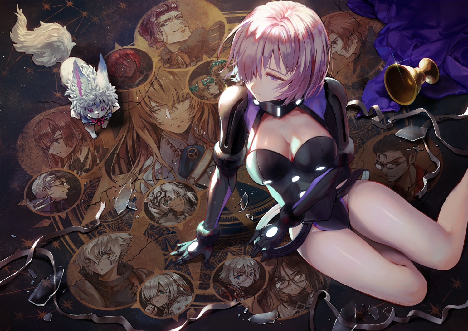 a_la_votre, castor_(fate/grand_order), cleavage, fate/grand_order, leotard, mash_kyrielight, megane, pollux_(fate/grand_order)