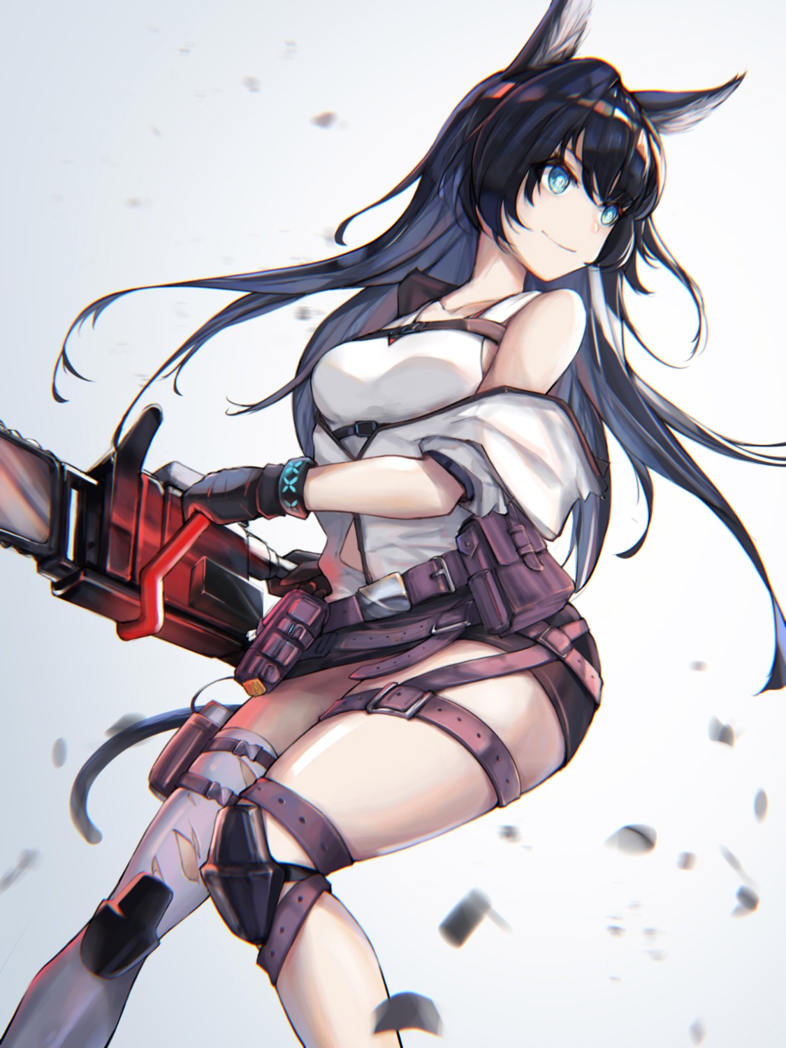 animal_ears, arknights, blaze_(arknights), chainsaw, eyyy, garter, tail, thighhighs, torn_clothes