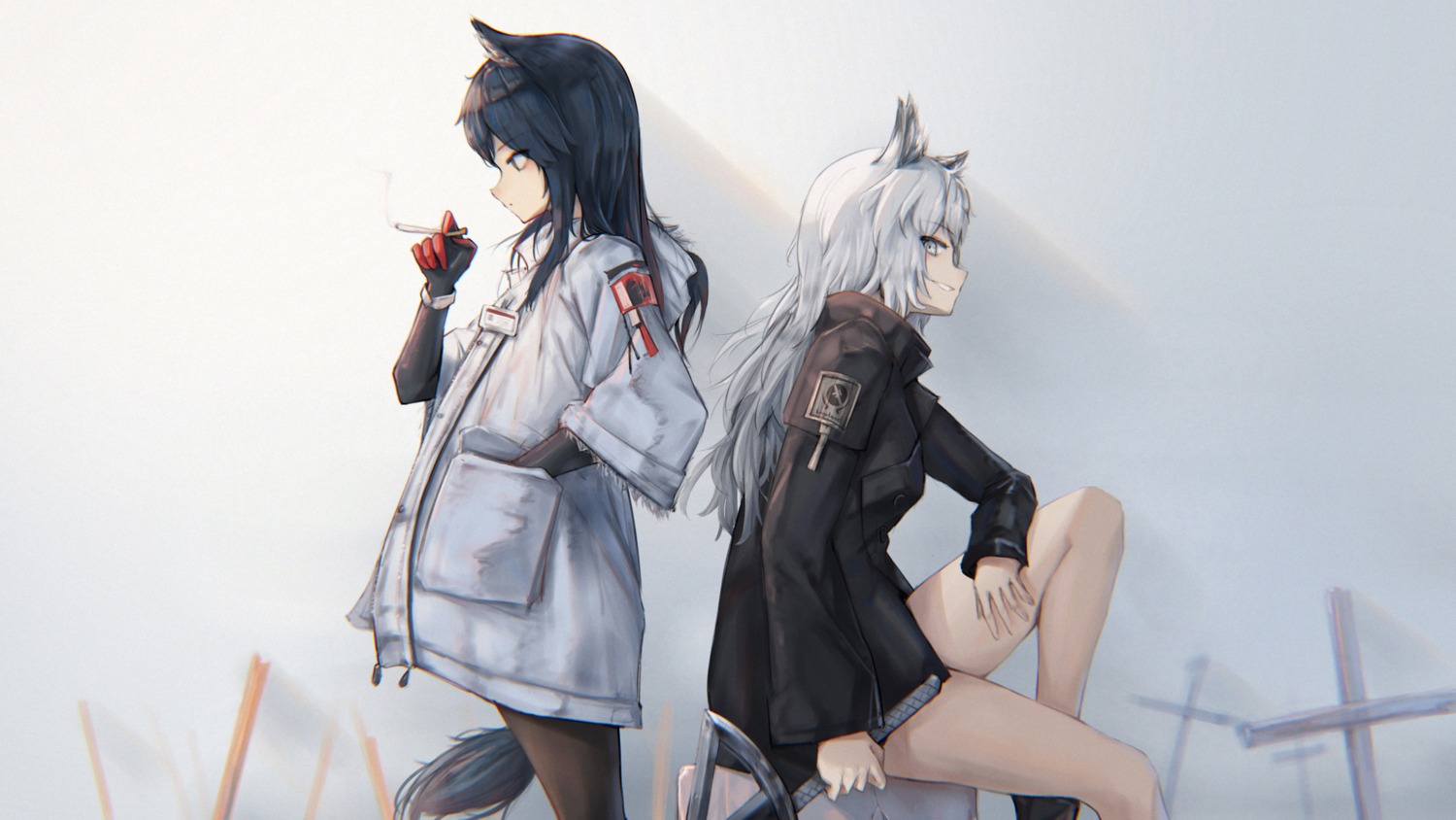animal_ears, arknights, eyyy, lappland_(arknights), smoking, sword, tail, texas_(arknights)