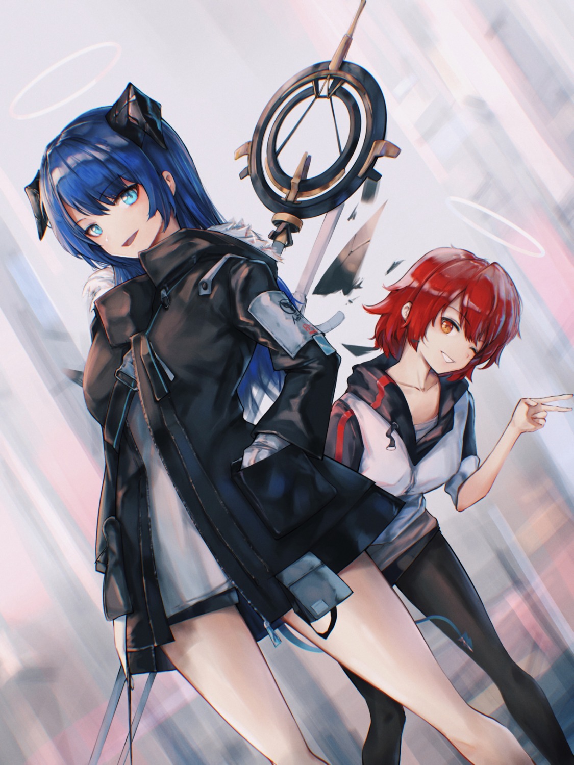 arknights, exusiai_(arknights), eyyy, halo, horns, mostima_(arknights), pantyhose, tail
