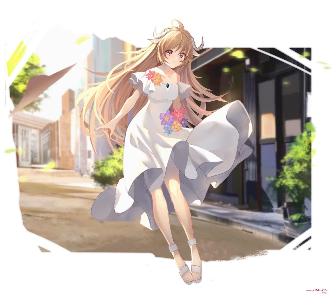 aluppia, animal_ears, arknights, dress, eyjafjalla_(arknights), horns, skirt_lift