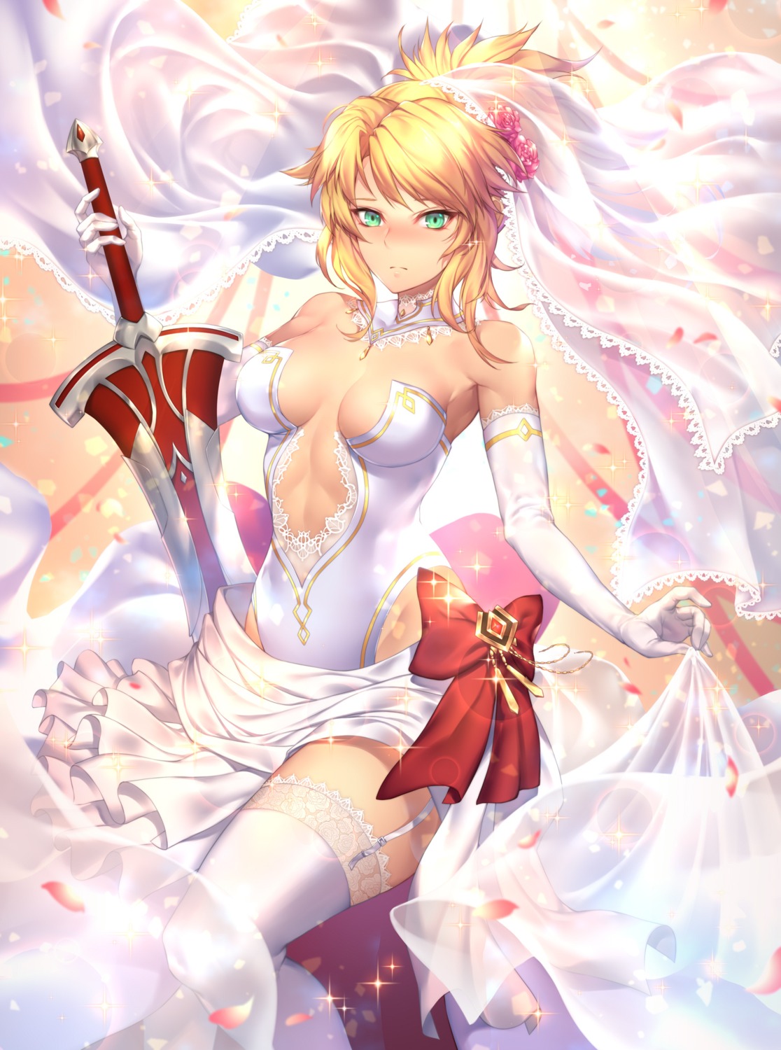 dress, fate/apocrypha, fate/stay_night, mordred_(fate), nasaniliu, no_bra, skirt_lift, stockings