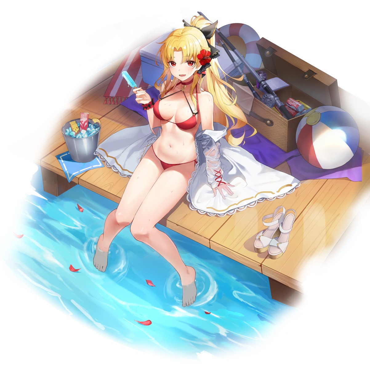 bikini, ereshkigal_(fate), fate/grand_order, luobo_(nsnr8754), open_shirt, see_through, swimsuits, wet, wet_clothes