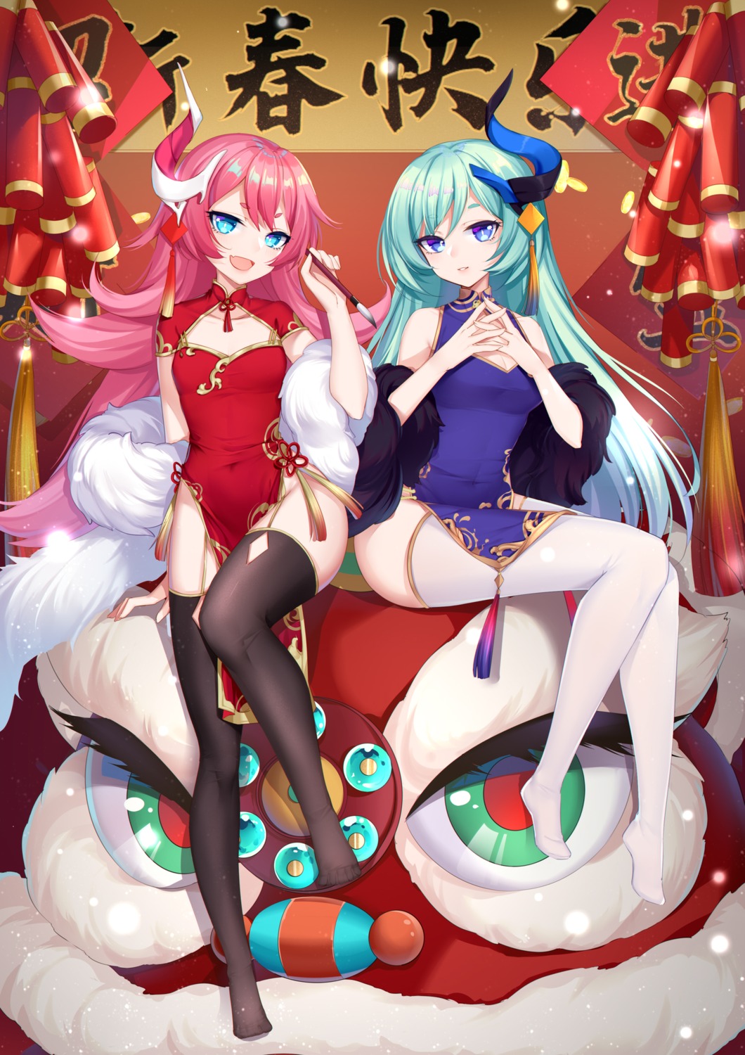 benghuai_xueyuan, chinadress, cleavage, honkai_impact, horns, stockings, thighhighs, yuu_li_(glass)