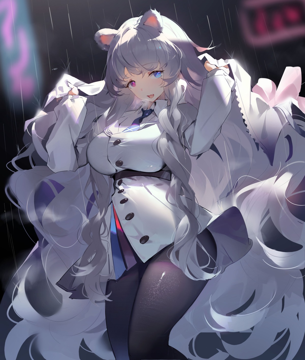 animal_ears, arknights, helic_(7317helic), heterochromia, pantyhose, rosa_(arknights), uniform, wet_clothes