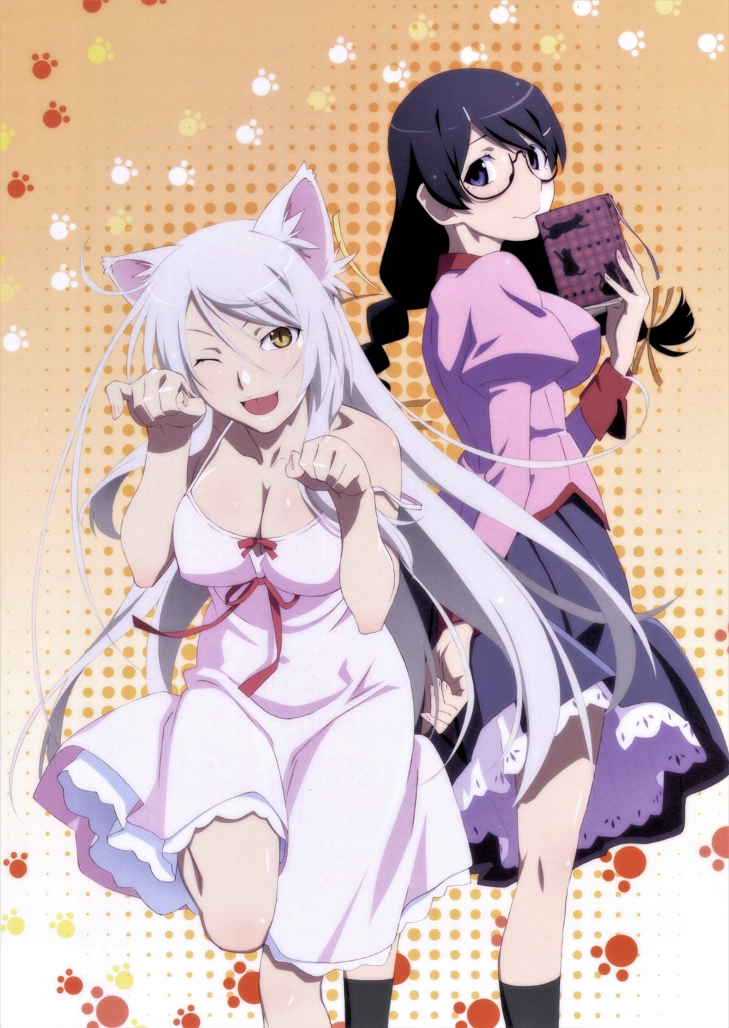animal_ears, bakemonogatari, black_hanekawa, dress, erect_nipples, hanekawa_tsubasa, megane, monogatari_(series)