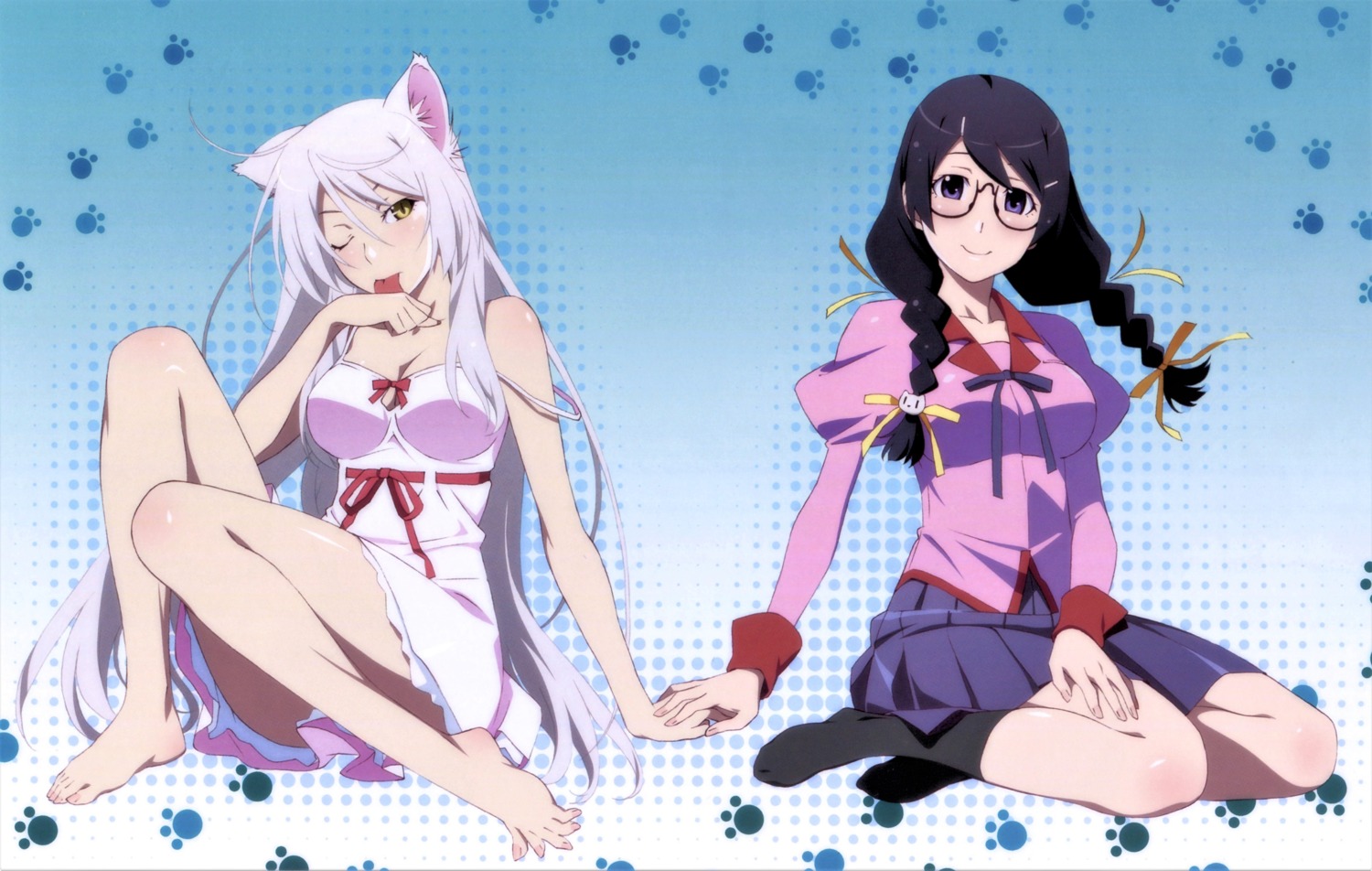 animal_ears, bakemonogatari, black_hanekawa, cleavage, dress, feet, hanekawa_tsubasa, megane, monogatari_(series), nekomimi, no_bra, seifuku, skirt_lift, summer_dress, watanabe_akio, yuri