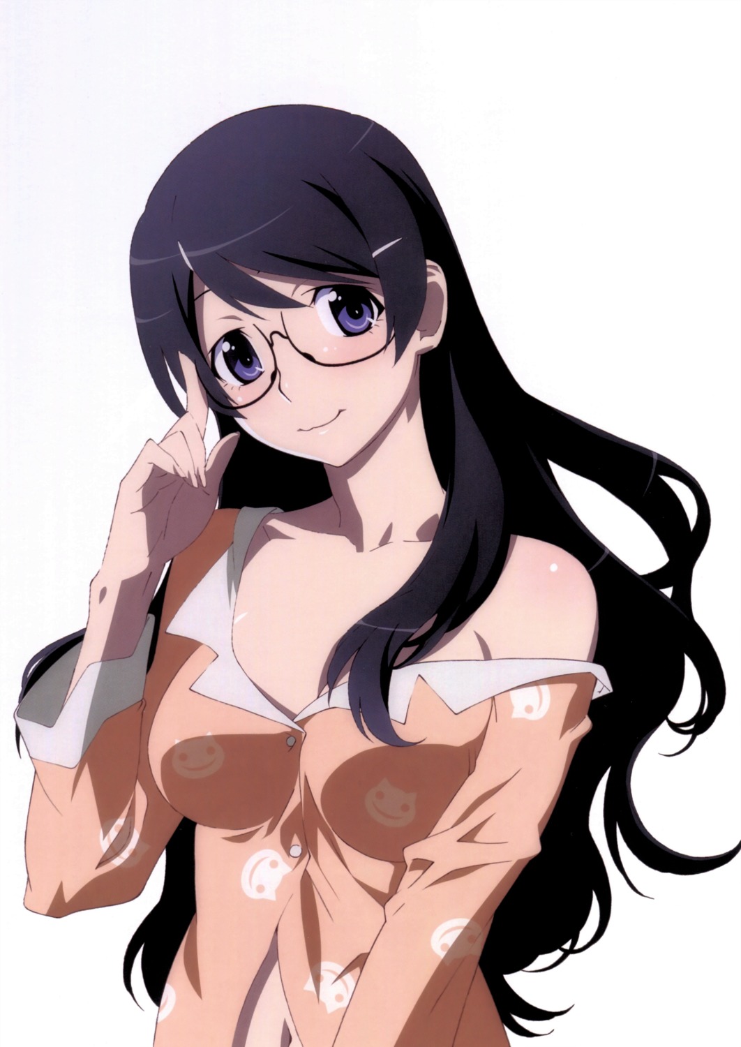 bakemonogatari, hanekawa_tsubasa, megane, monogatari_(series), no_bra, open_shirt, pajama, watanabe_akio