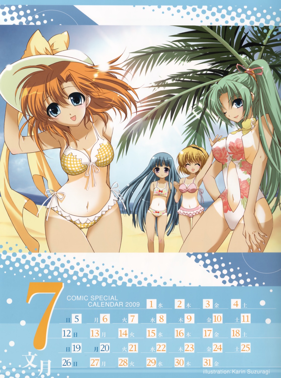 bikini, calendar, cleavage, furude_rika, higurashi_no_naku_koro_ni, houjou_satoko, ryuuguu_rena, sonozaki_mion
