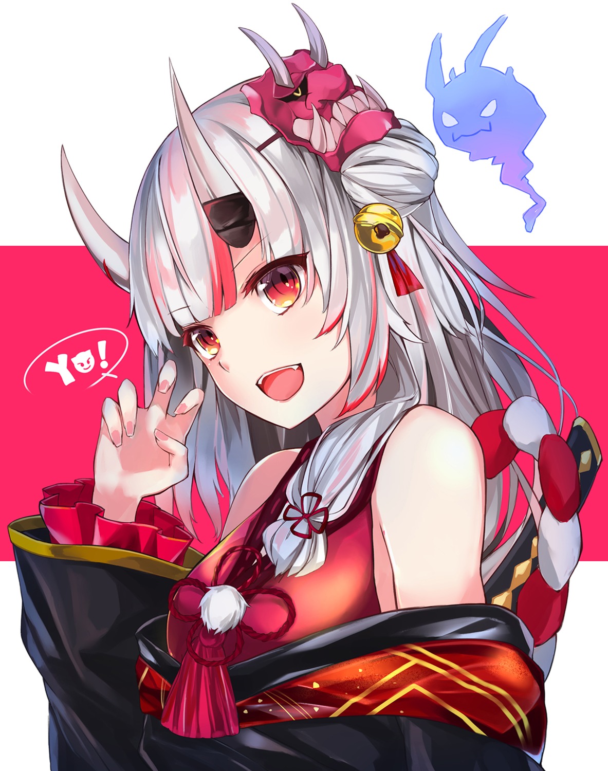 hololive, horns, japanese_clothes, kie_(yospcd), nakiri_ayame, sword