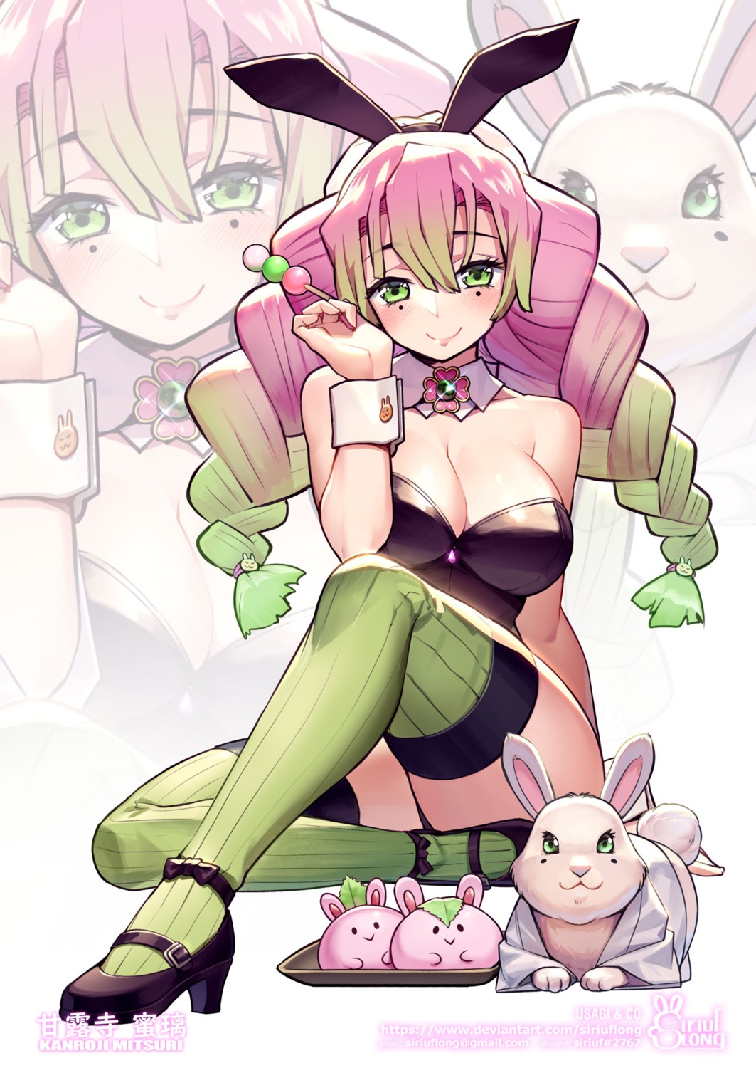 animal_ears, bunny_ears, bunny_girl, cleavage, heels, kanroji_mitsuri, kimetsu_no_yaiba, siriuflong, thighhighs