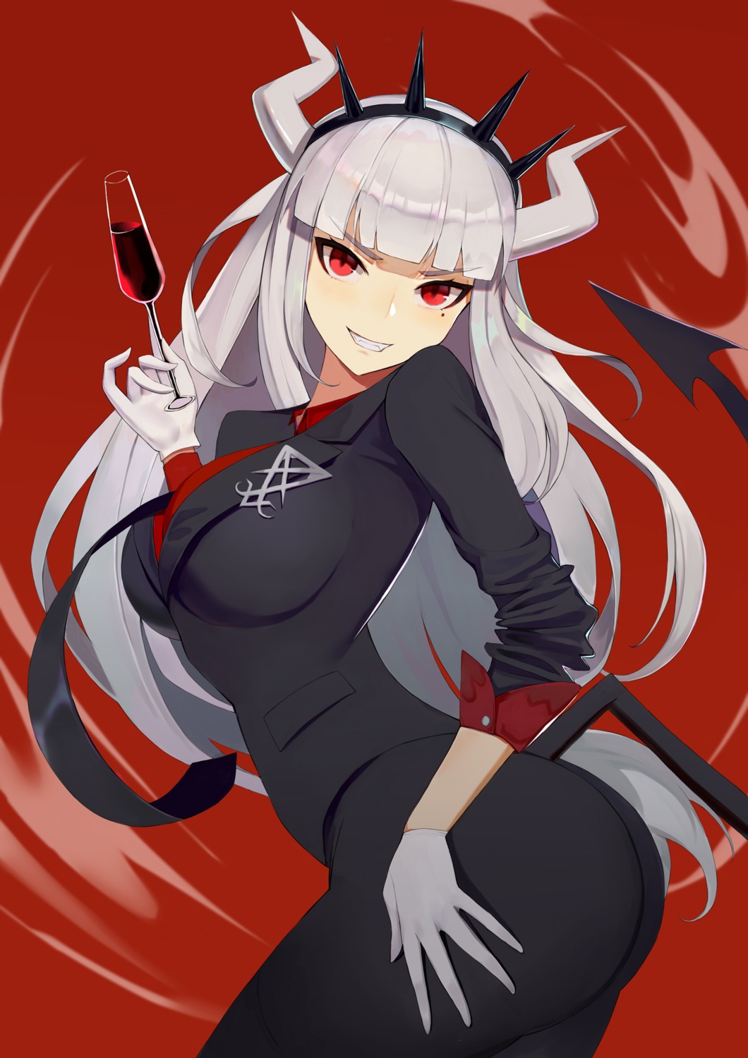 ass, business_suit, helltaker, horns, lucifer_(helltaker), ocarino, tail