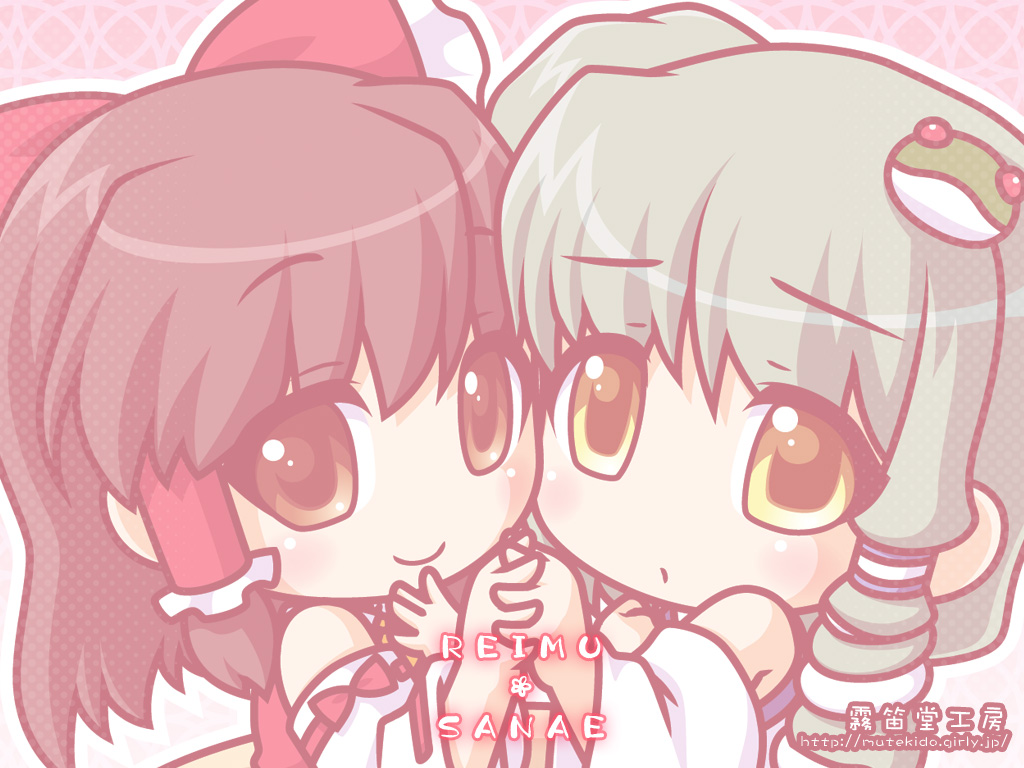 chibi, hakurei_reimu, kochiya_sanae, manji_taba, touhou, wallpaper