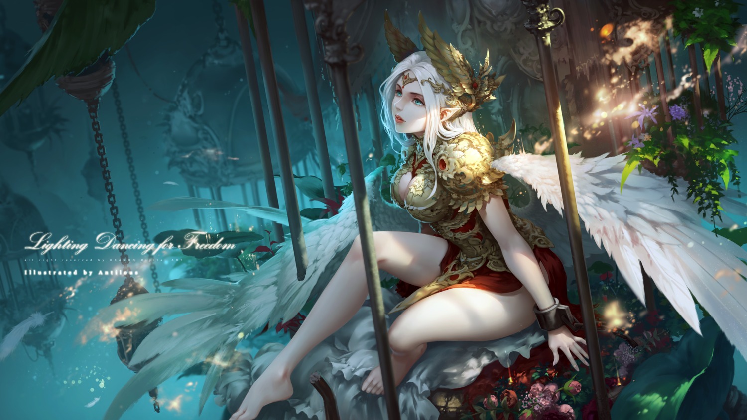 antilous, armor, cleavage, pointy_ears, weapon, wings