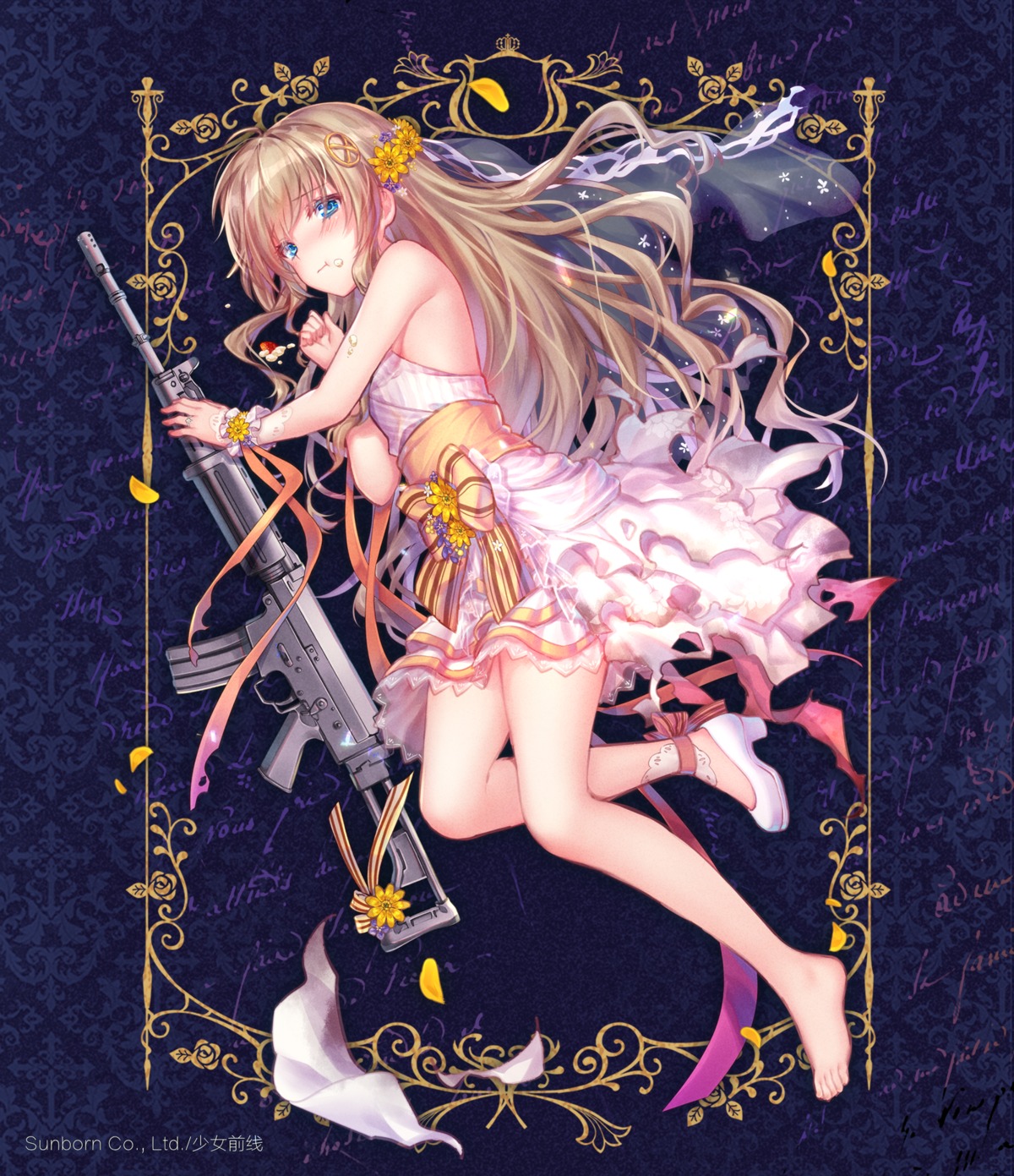 cream, dress, fn_fnc_(girls_frontline), girls_frontline, gun, heels, jiang-ge, see_through