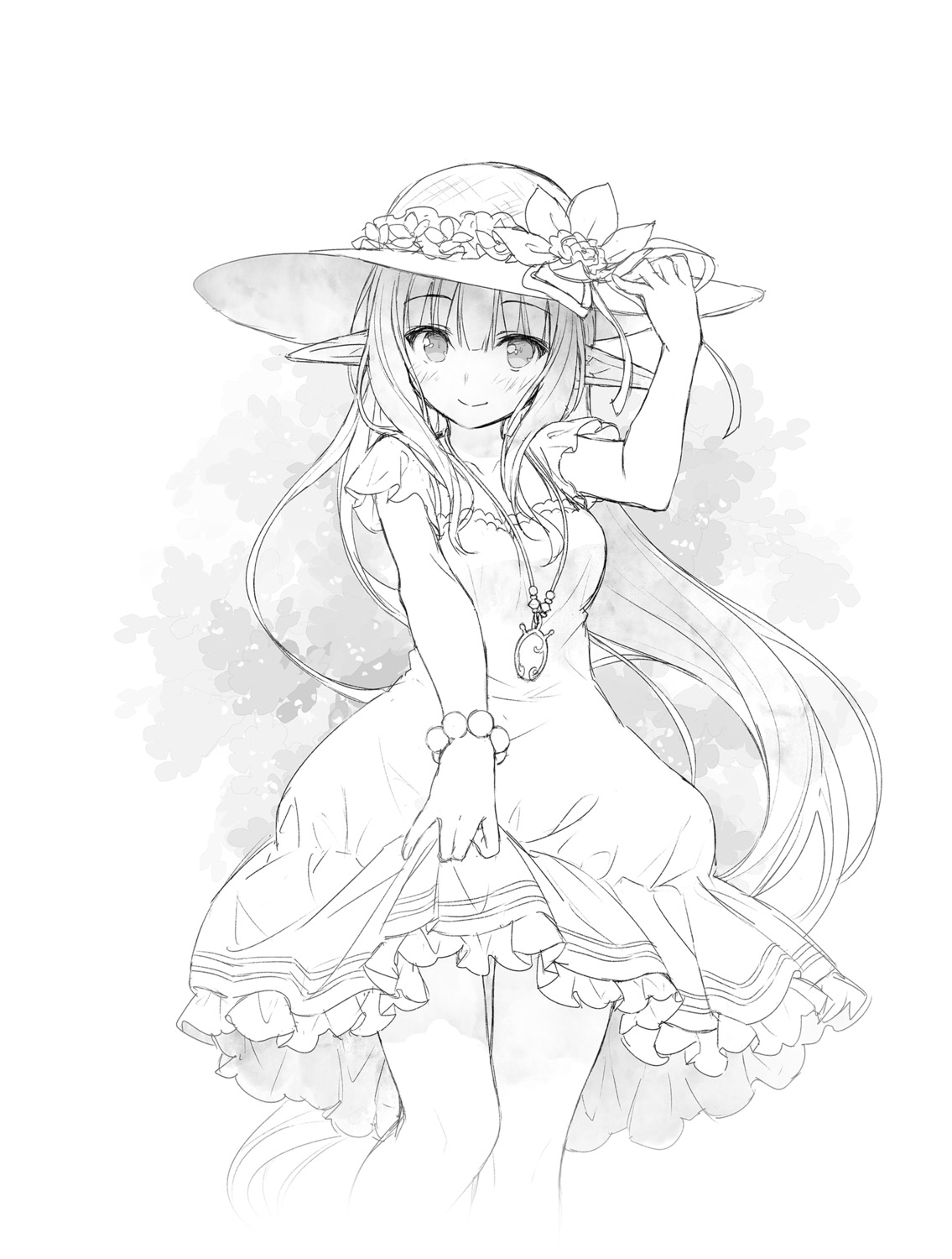 dress, iris_mysteria!_~shoujo_no_tsumugu_yume_no_hiseki~, monochrome, natsuno_io, pointy_ears, skirt_lift, yuu_(iris_mysteria!)