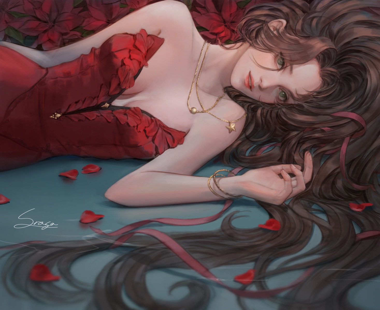 aerith_gainsborough, cleavage, dress, final_fantasy, final_fantasy_vii, no_bra, srasa