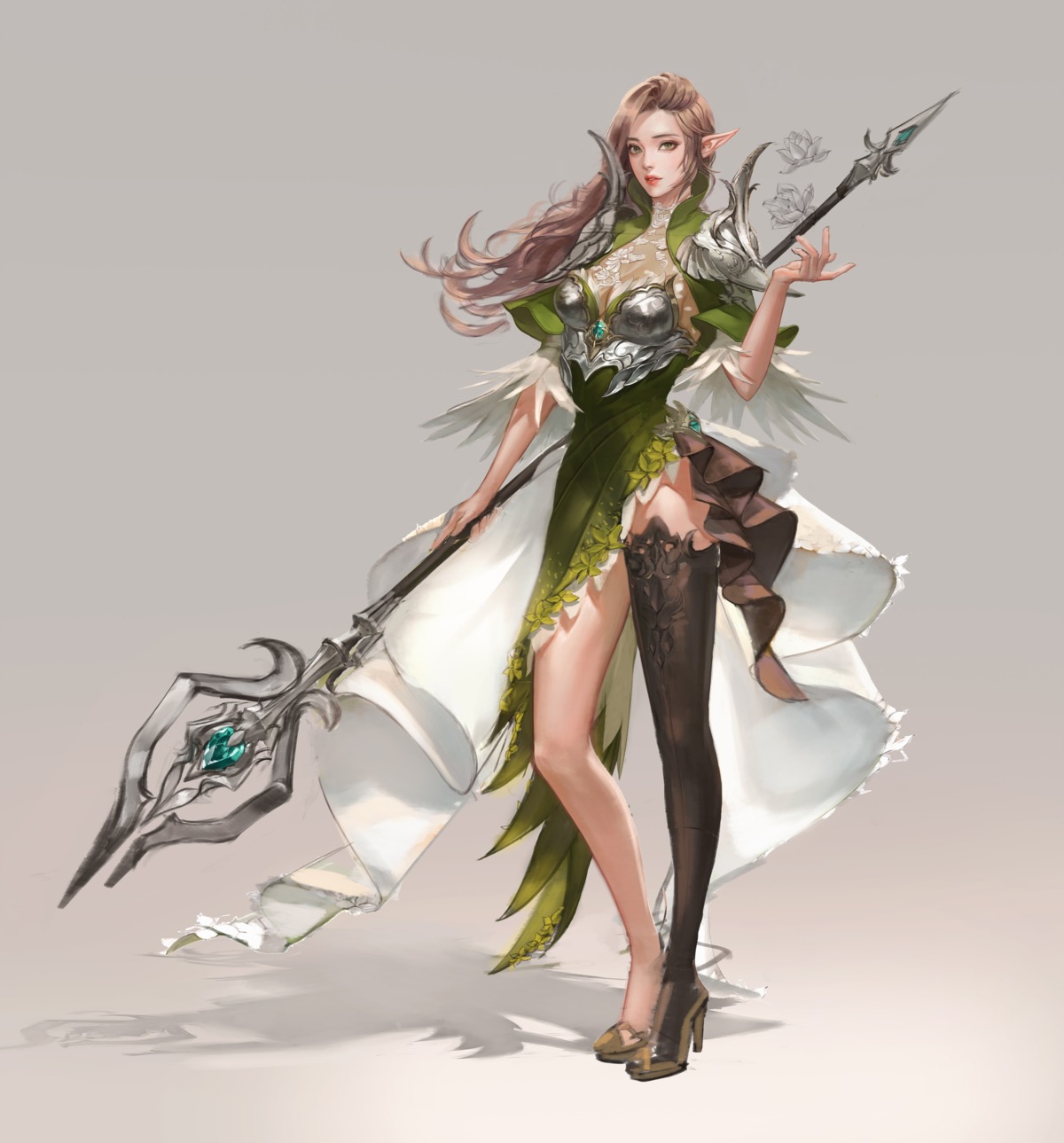 armor, cleavage, heels, pointy_ears, see_through, srasa, thighhighs, weapon