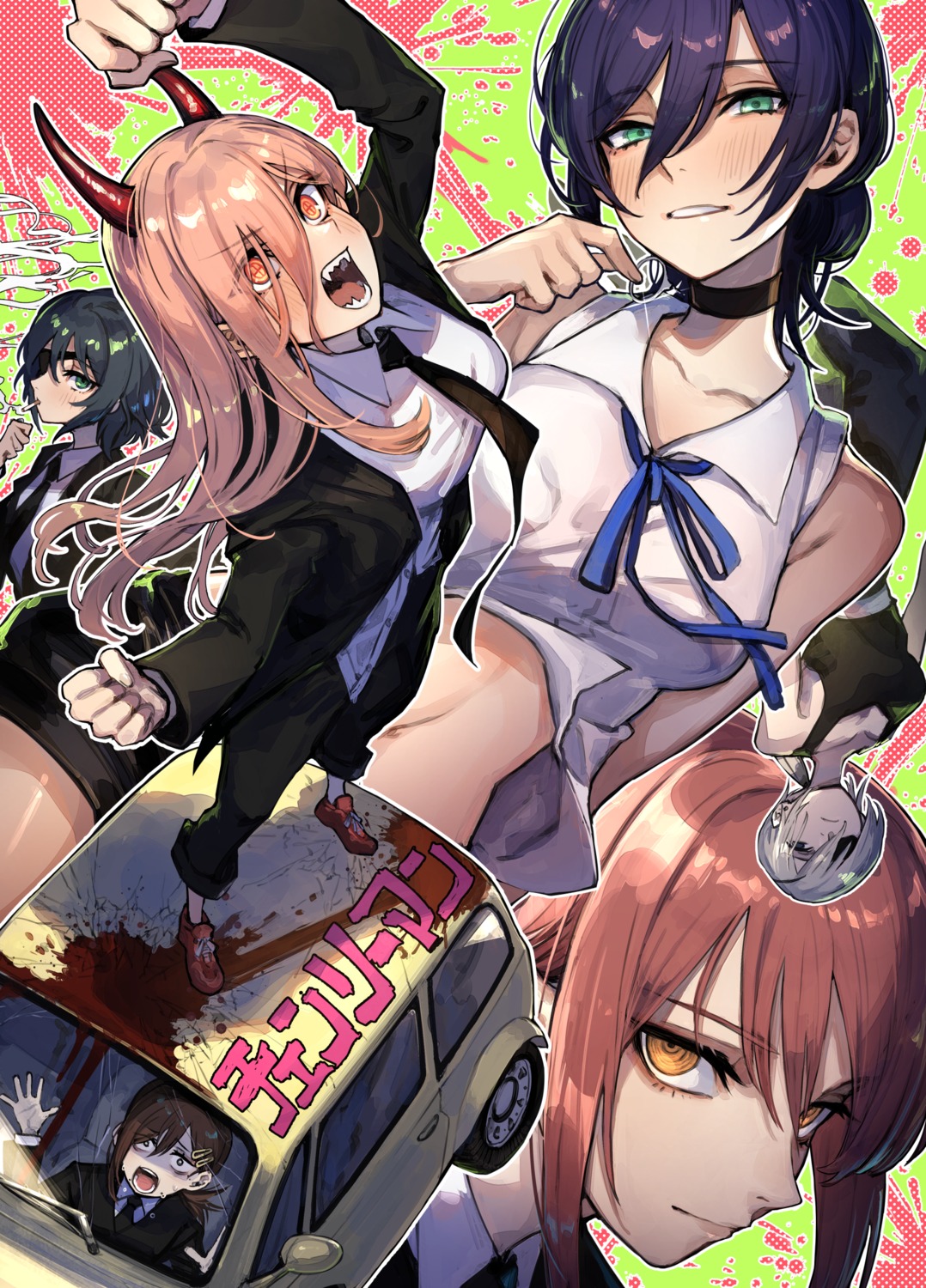 business_suit, chainsaw_man, eyepatch, higashiyama_kobeni, himeno_(chainsaw_man), horns, makima_(chainsaw_man), mephist, power_(chainsaw_man), reze_(chainsaw_man), shirt_lift