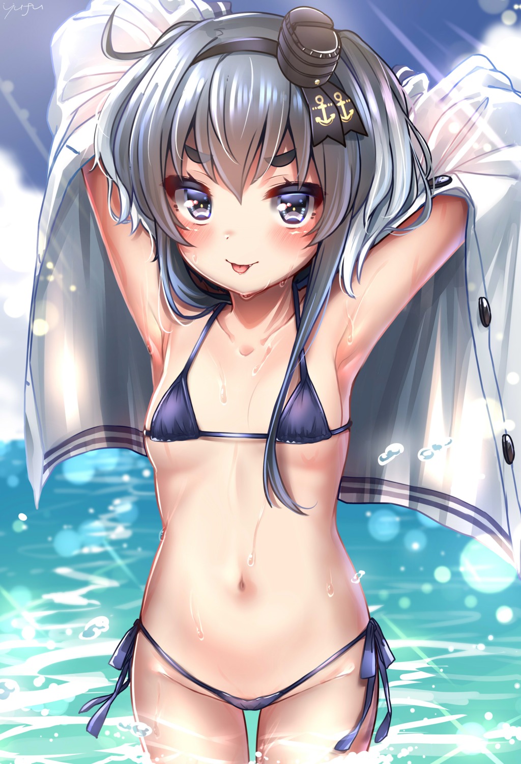 bikini, kantai_collection, open_shirt, swimsuits, tokitsukaze_(kancolle), wet, yufukiri