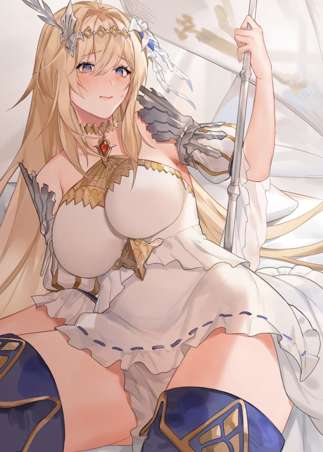 armor, dress, granblue_fantasy, jeanne_d'arc, jeanne_d'arc_(granblue_fantasy), muunai, skirt_lift, thighhighs