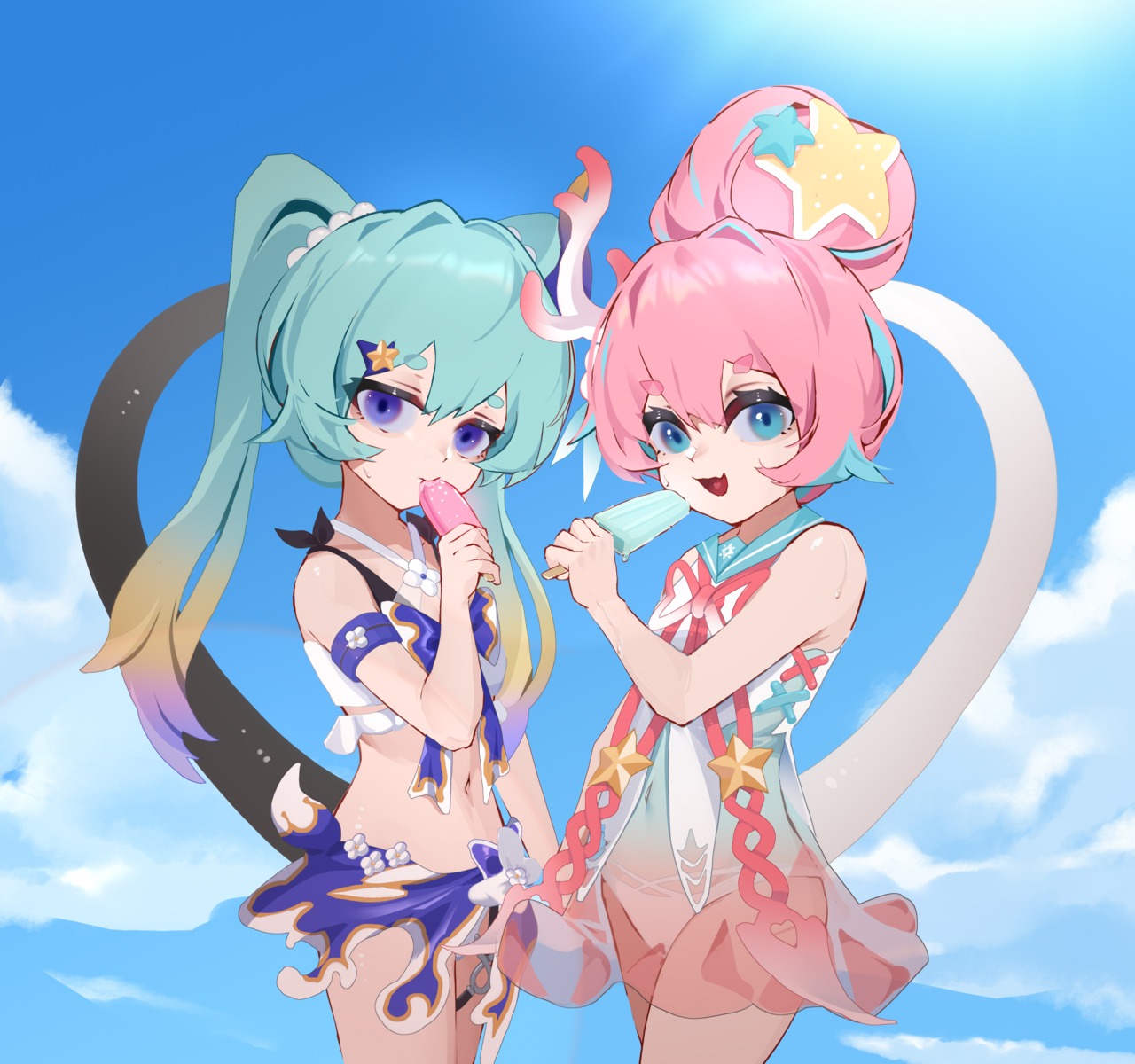 benghuai_xueyuan, honkai_impact, horns, liliya_olenyeva, rozaliya_olenyeva, see_through, swimsuits, tail