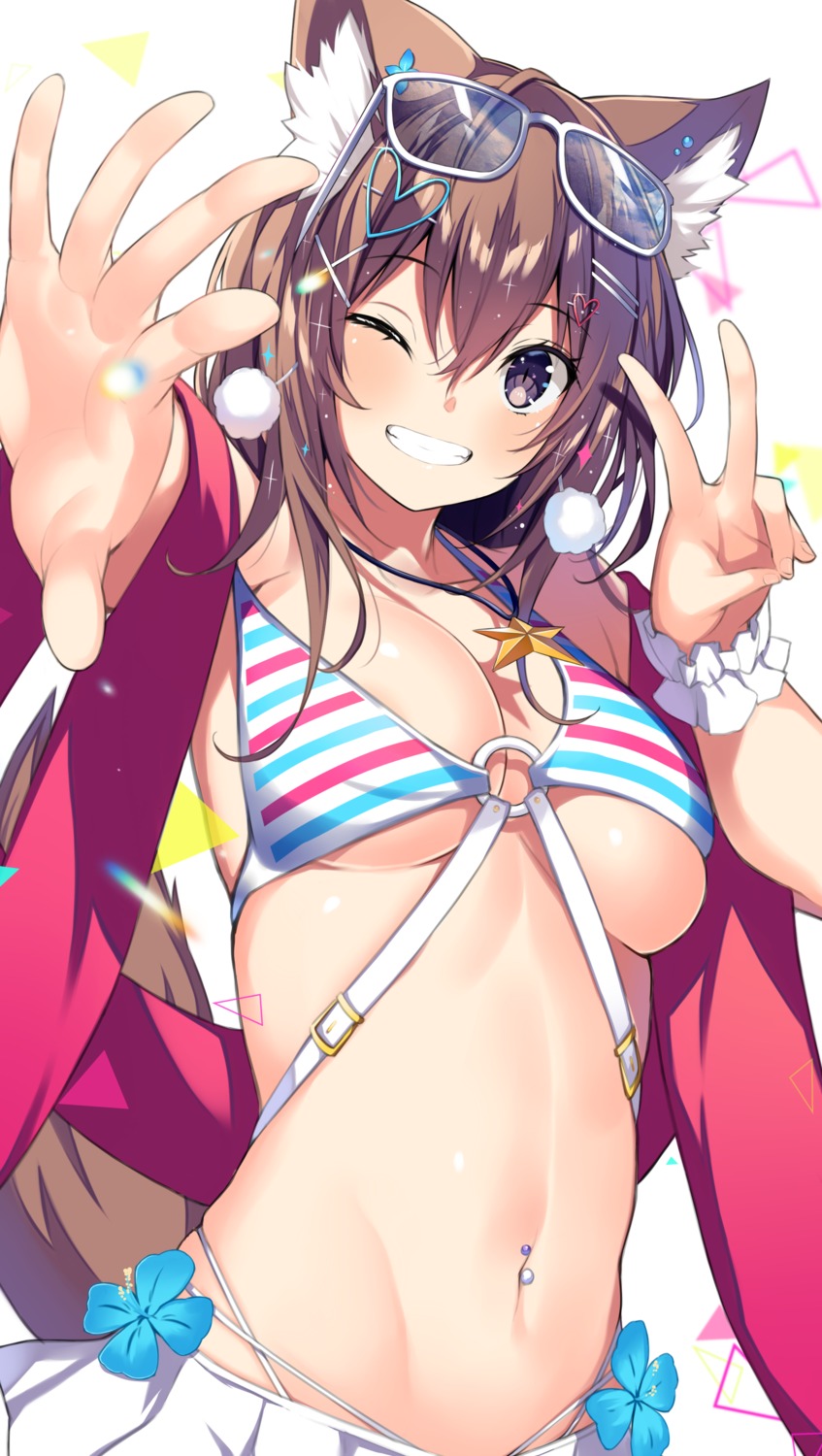 animal_ears, bikini, cleavage, kurebayashi_noe, megane, open_shirt, swimsuits, tail, underboob