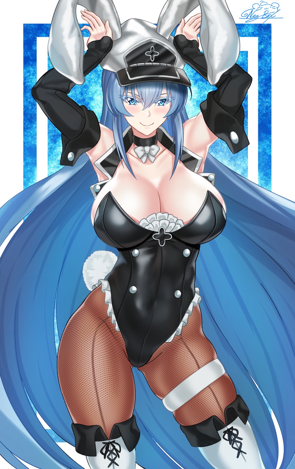 akame_ga_kill!, animal_ears, bunny_ears, bunny_girl, esdeath, fishnets, garter, nez-box, pantyhose, tail, thighhighs