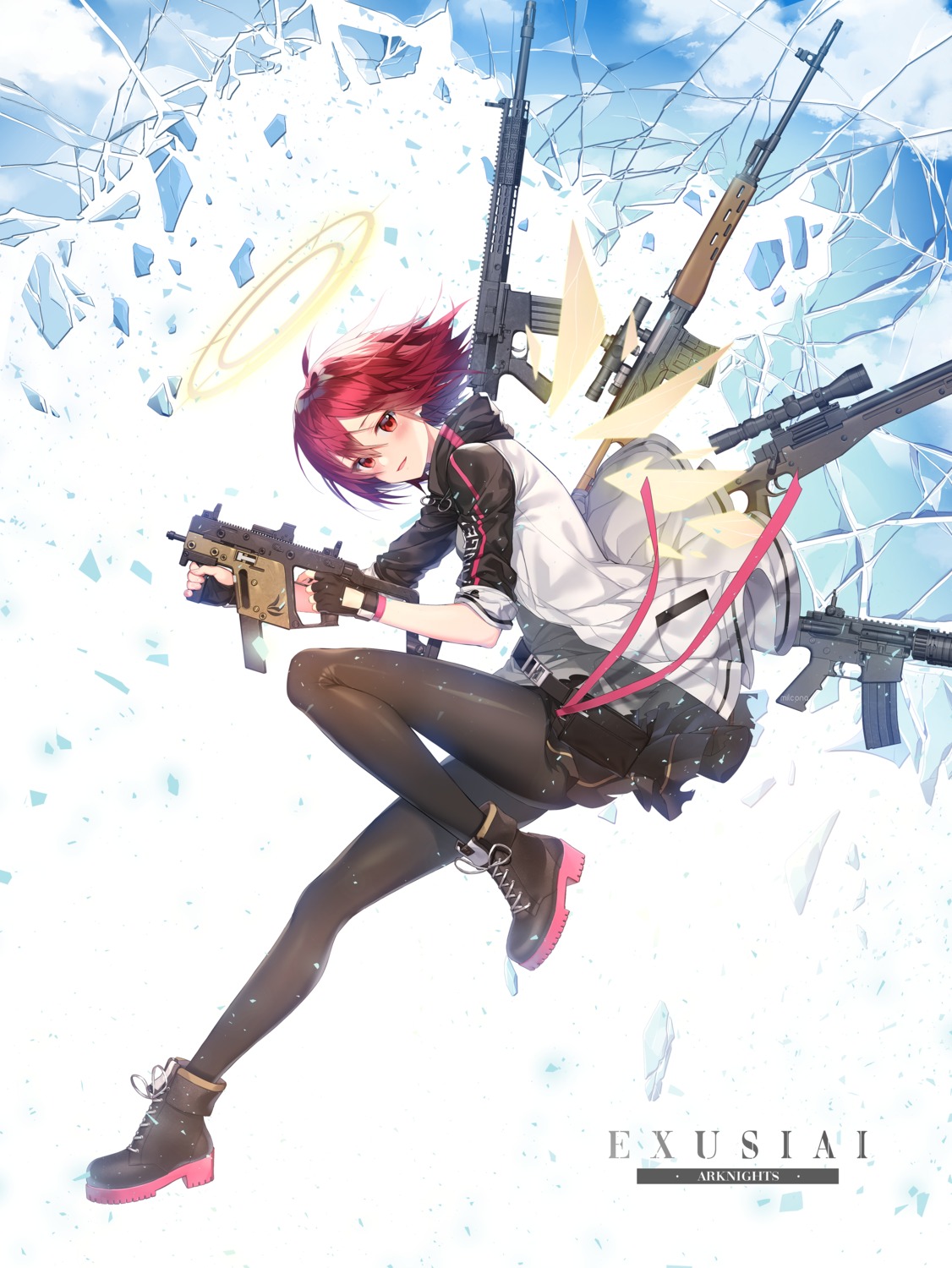angel, arknights, exusiai_(arknights), gun, milcona, pantyhose, skirt_lift, wings