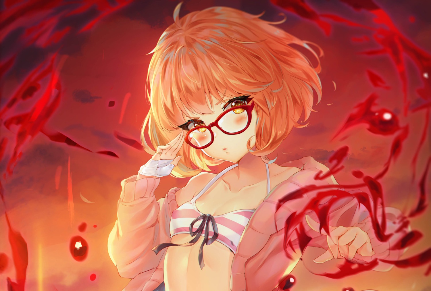 bikini_top, cleavage, erect_nipples, hitokiri_battousai, kuriyama_mirai, kyoukai_no_kanata, megane, open_shirt