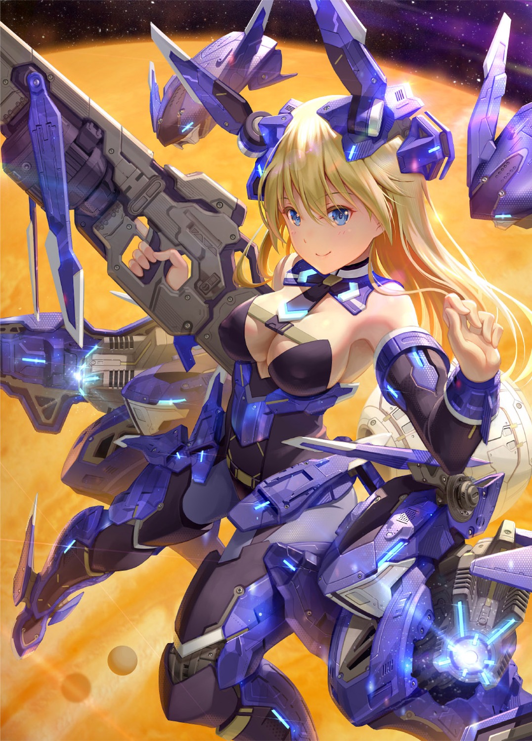 alice_gear_aegis, bodysuit, cleavage, erect_nipples, gun, mecha_musume, no_bra, pinakes, virginia_glynnberets