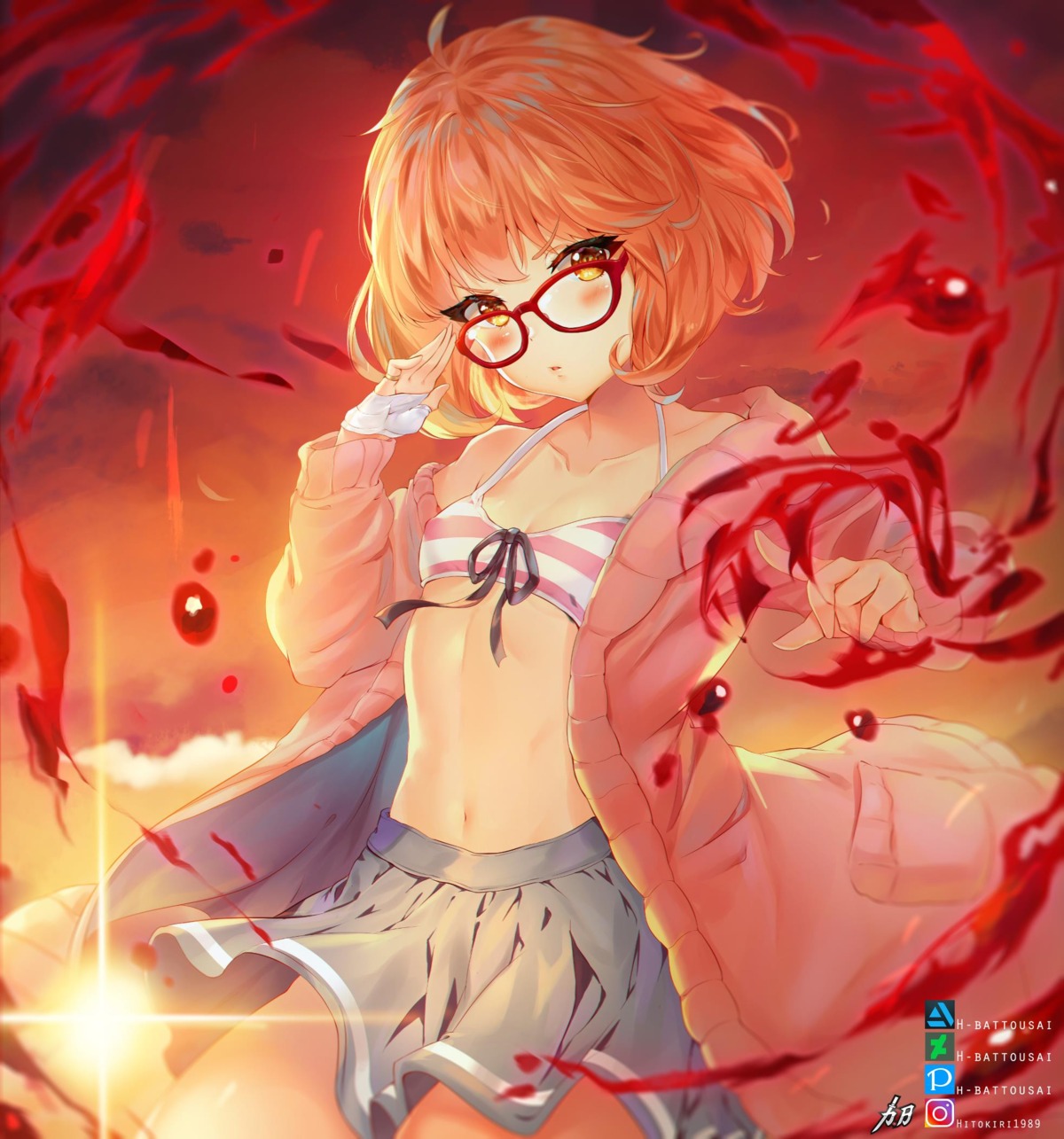 bikini_top, cleavage, erect_nipples, hitokiri_battousai, kuriyama_mirai, kyoukai_no_kanata, megane, open_shirt, seifuku, skirt_lift, sweater, swimsuits