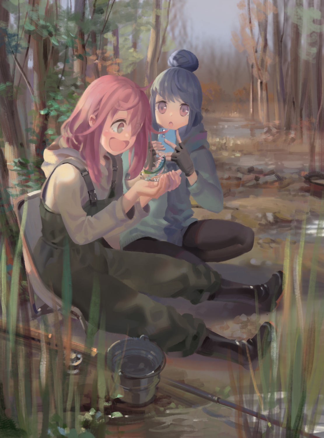 kagamihara_nadeshiko, overalls, psi_(583278318), shima_rin, yurucamp
