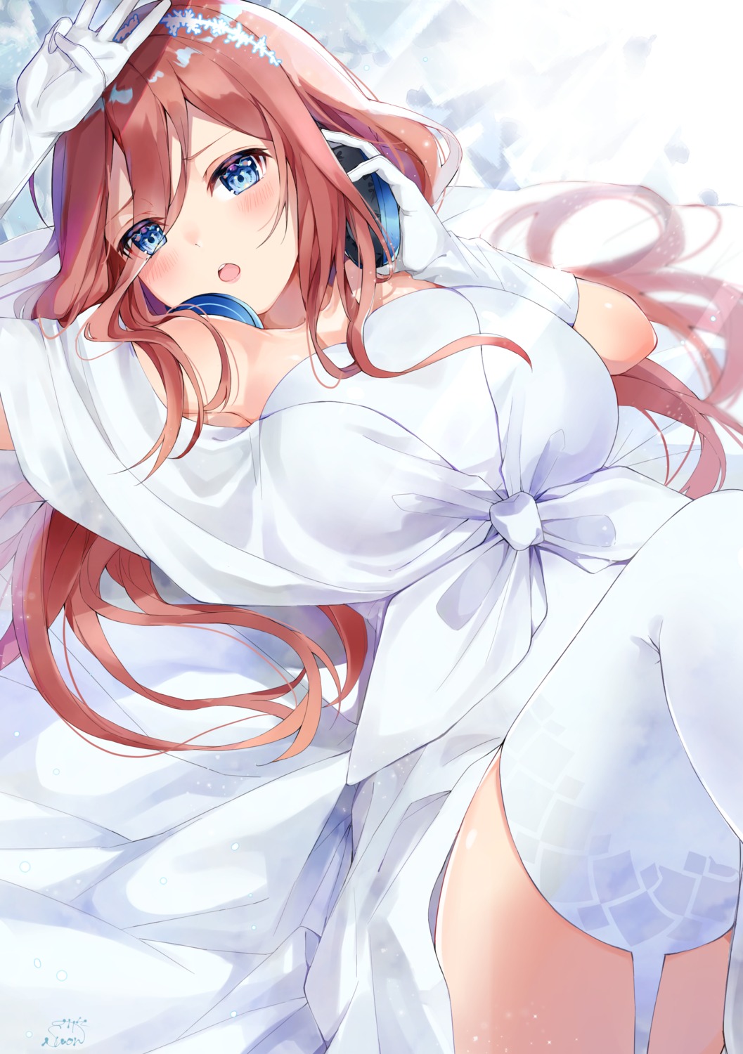 5-toubun_no_hanayome, dress, headphones, machamochi, nakano_miku, skirt_lift, stockings, thighhighs, wedding_dress