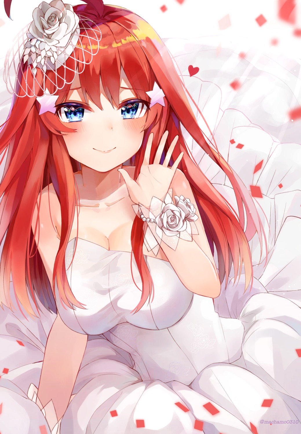 5-toubun_no_hanayome, cleavage, dress, machamochi, nakano_itsuki, no_bra, wedding_dress