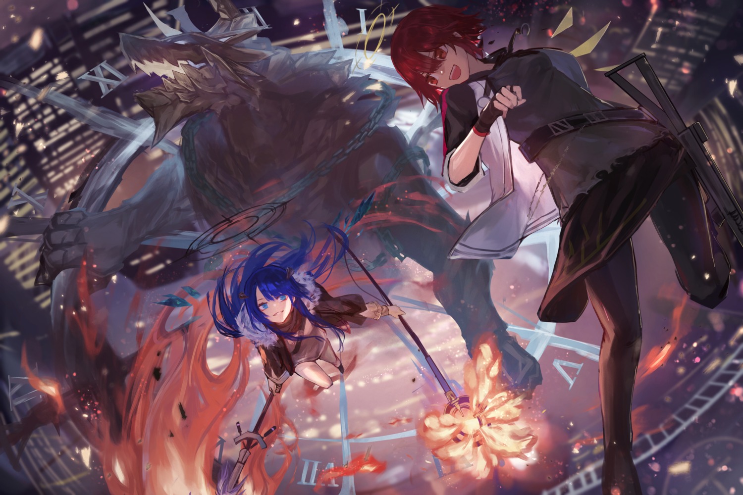 aito, angel, arknights, exusiai_(arknights), gun, horns, monster, mostima_(arknights)