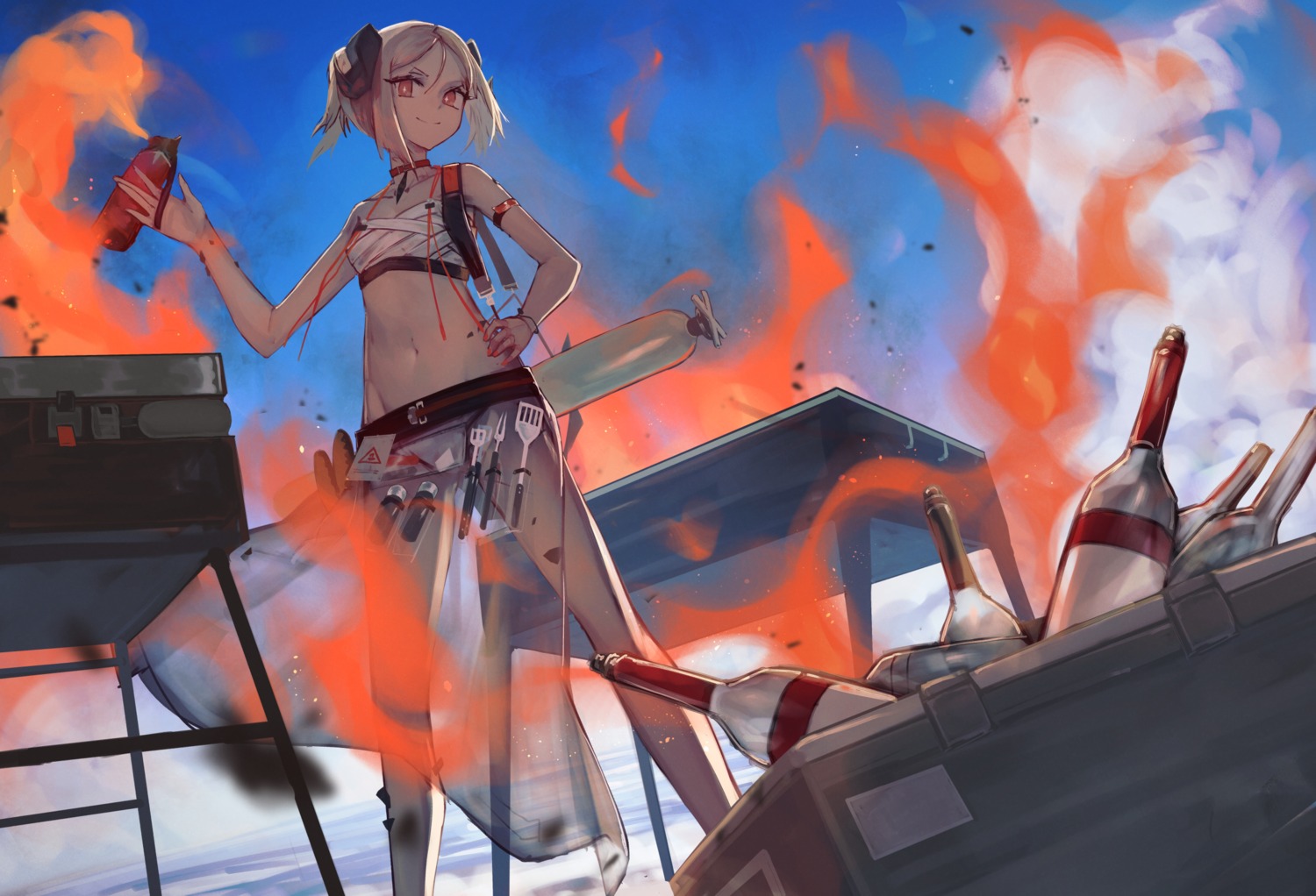 aito, arknights, bikini, horns, ifrit_(arknights), see_through, swimsuits