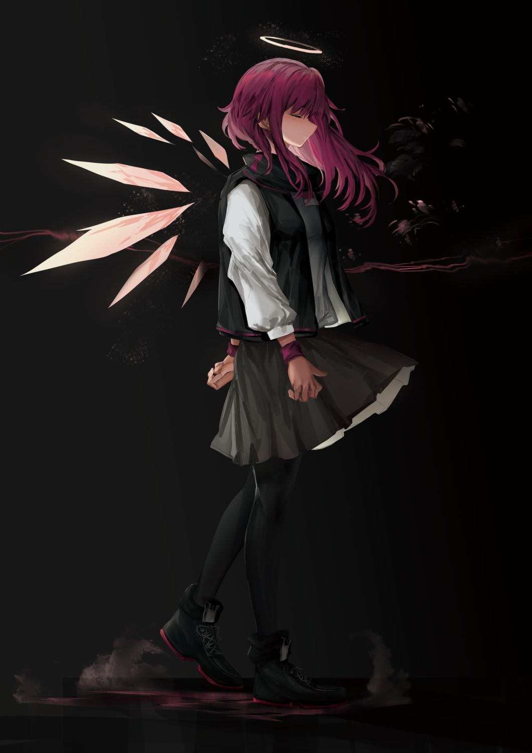 akatone, angel, arknights, exusiai_(arknights), pantyhose, skirt_lift, wings