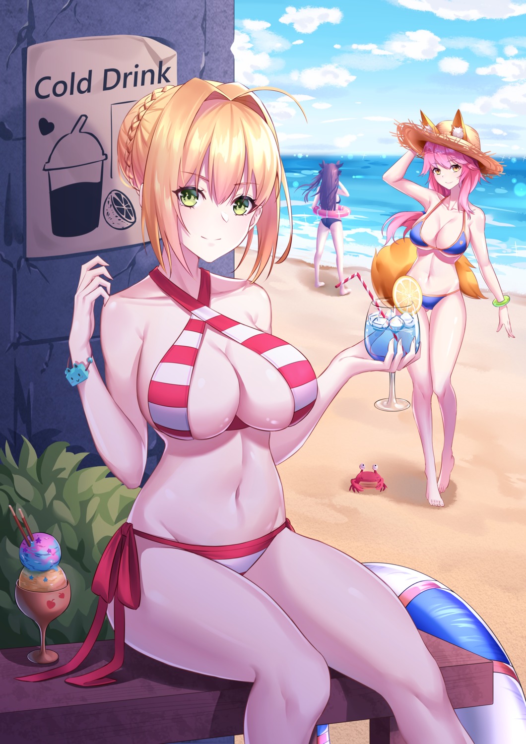 animal_ears, ass, bikini, fate/grand_order, kitsune, nero_claudius_(fate), swimsuits, tail, tamamo_no_mae, wan_xing