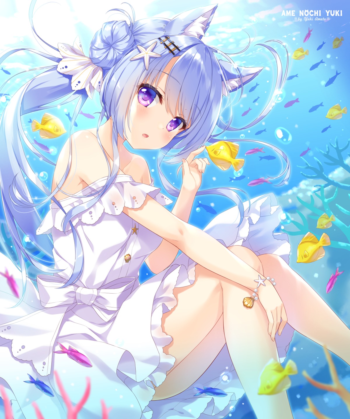 ameto_yuki, animal_ears, dress, ekichou_kitsune_(ameto_yuki), kitsune, skirt_lift