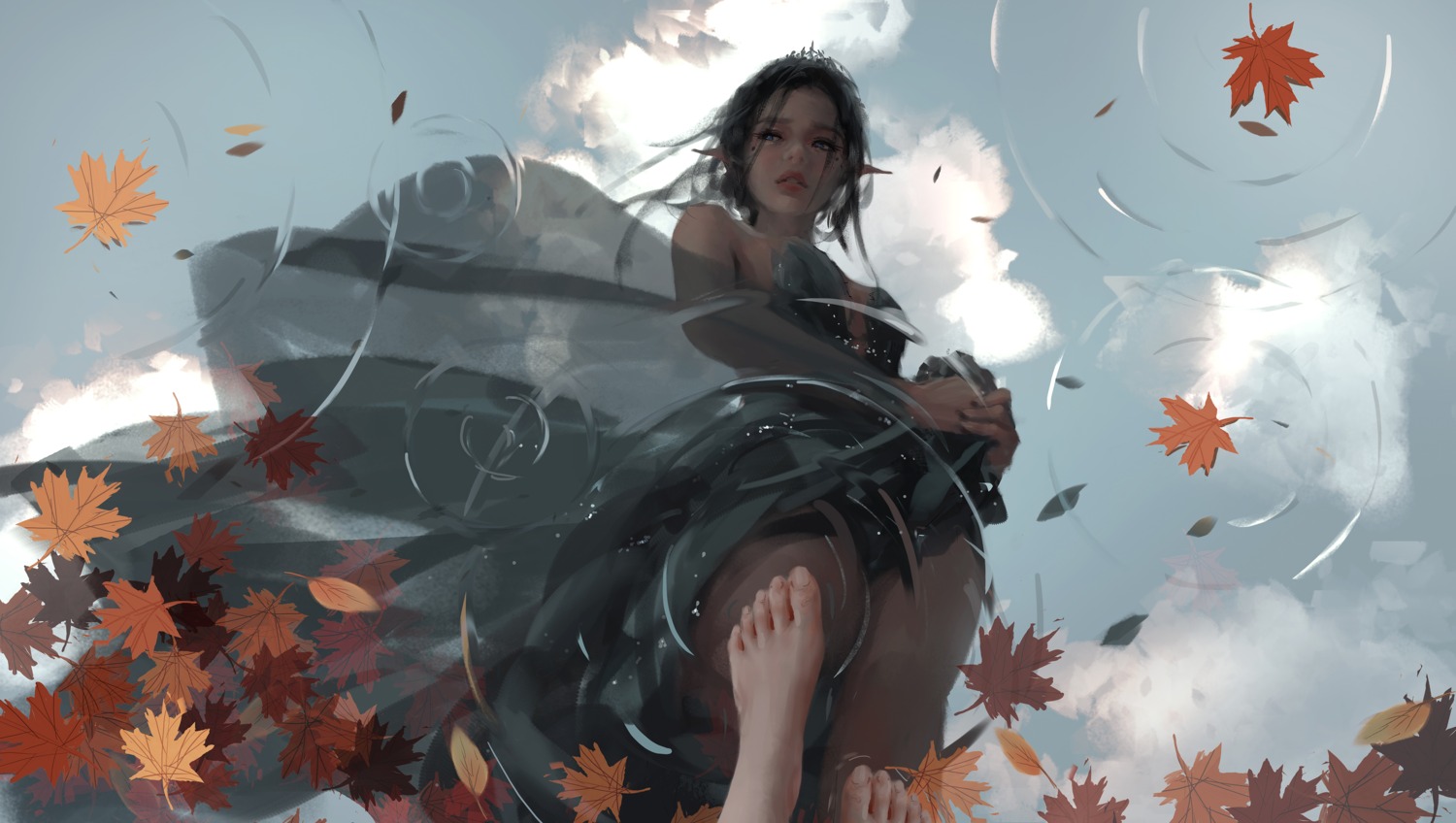 cleavage, feet, ghostblade, no_bra, pointy_ears, skirt_lift, wet, wlop