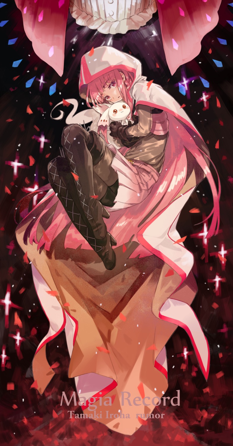amana_(pocketkey), heels, little_kyubey, magia_record:_mahou_shoujo_madoka_magica_gaiden, mahou_shoujo_madoka_magica, pantyhose, skirt_lift, tamaki_iroha