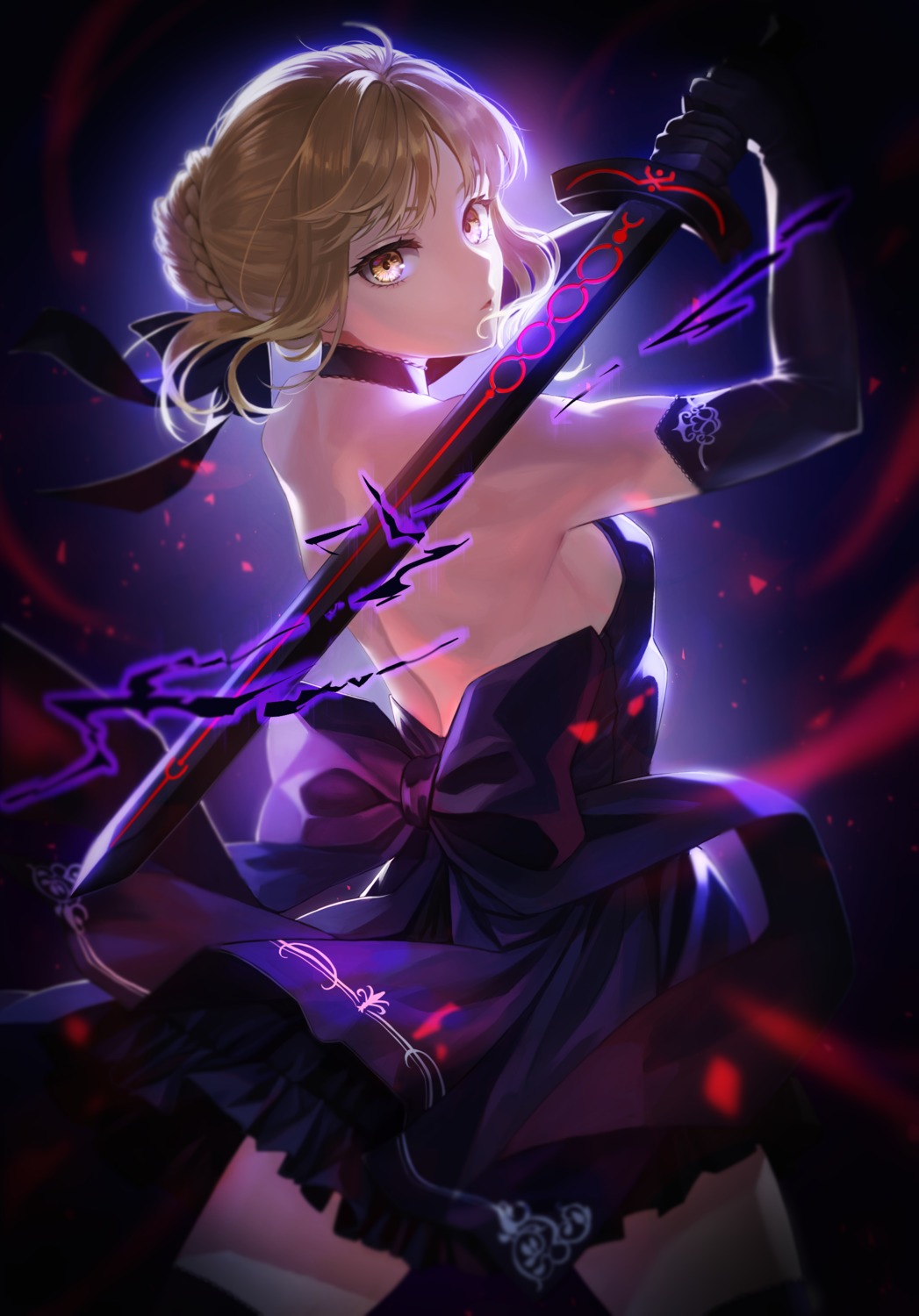 artoria_pendragon_(fate), artoria_pendragon_alter_(fate), dress, fate/grand_order, fate/stay_night, no_bra, skirt_lift, sword, thighhighs, wakari