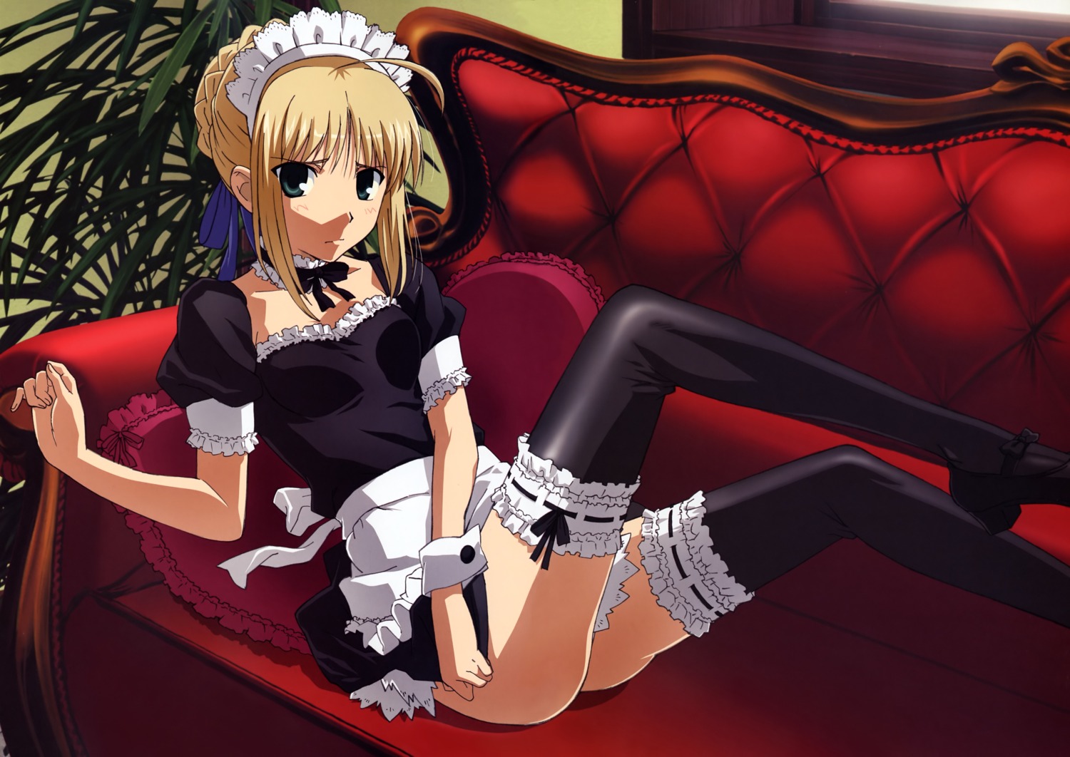 artoria_pendragon_(fate), fate/stay_night, garter, maid, motomura_kouichi, thighhighs
