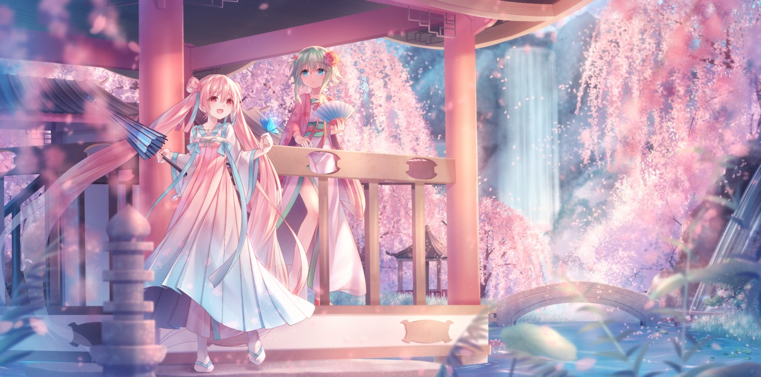 asian_clothes, gumi, hatsune_miku, sakakidani, sakura_miku, umbrella, vocaloid